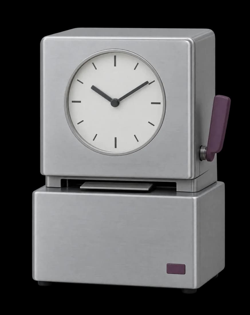 Reloj checador plateado con su palanca color ciruela